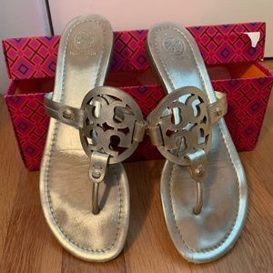 Tory Burch Metallic sparkle gold slides with box